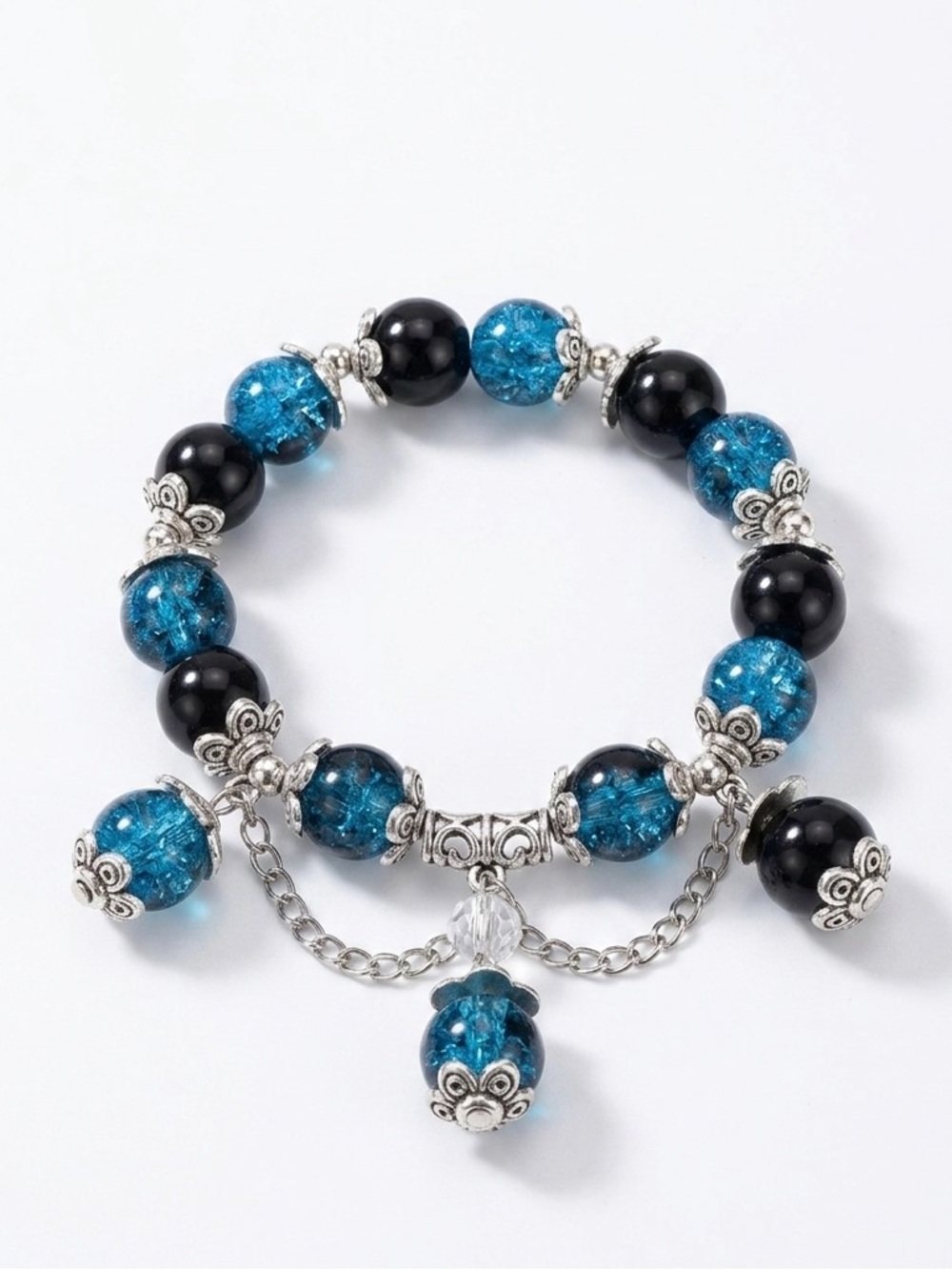 Hand Crafted Turquoise Blue and Black Beaded Charm Bracelet
